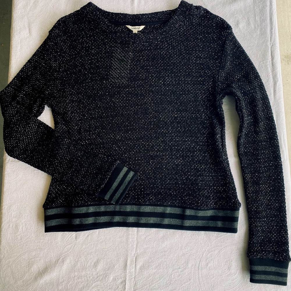 Splendid women’s black & silver knit sweater with stripe detail.